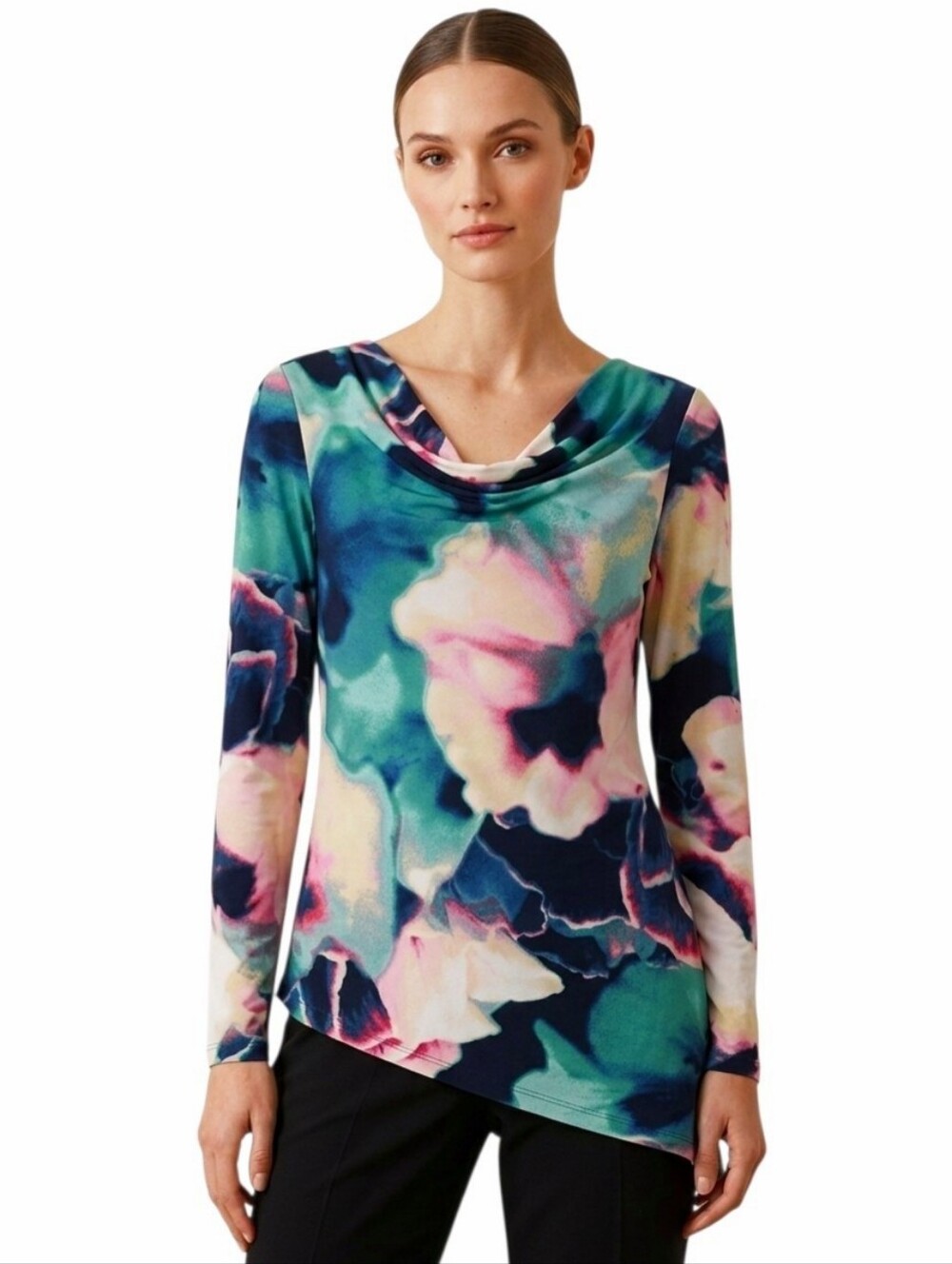 Vera Wang Green & Pink Floral Draped Long-Sleeve Top size M